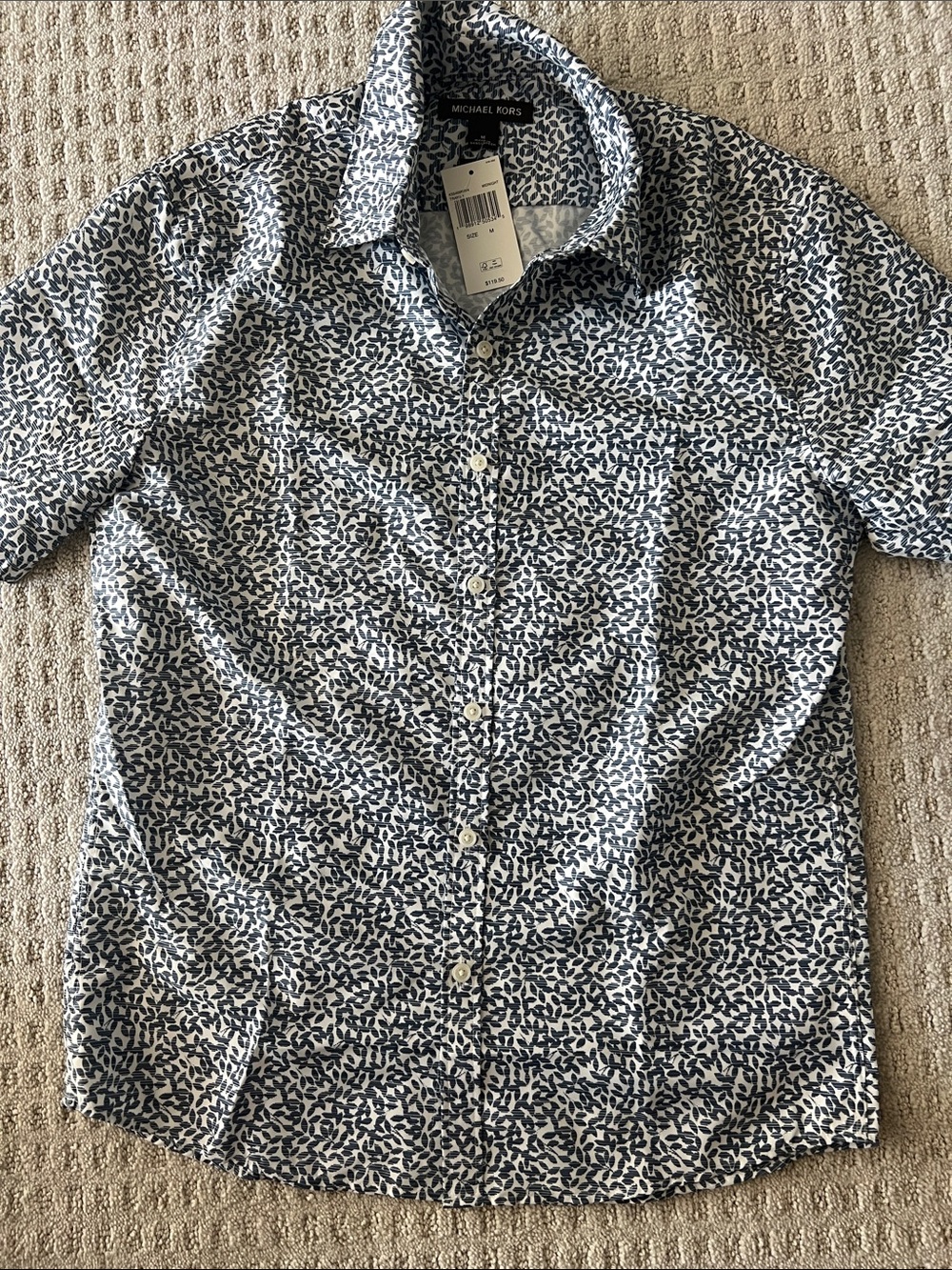 Michael Kors Men’s White Button-Down Shirt with Navy Leaf Print